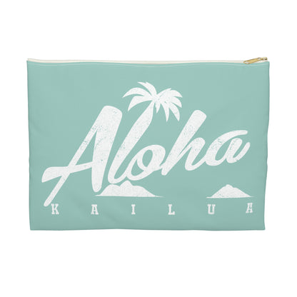 A mint green zippered pouch featuring a distressed white graphic print that reads 'Aloha KAILUA' with a palm tree and mokulua islands, shown on a plain white background.