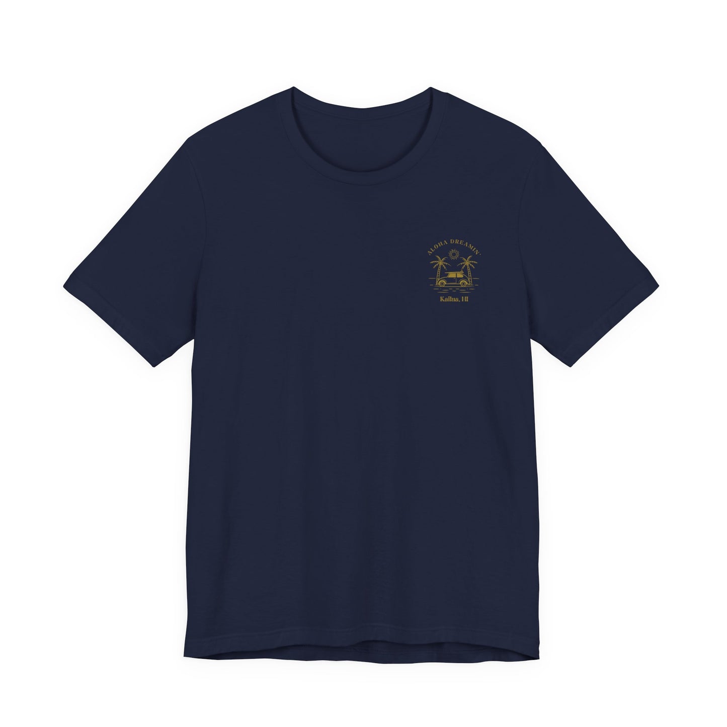 A navy short-sleeve t-shirt shown from the front, featuring a gold-colored retro graphic of a classic car between two palm trees with the text 'ALOHA DREAMIN'' and 'Kailua, HI' on the left chest.