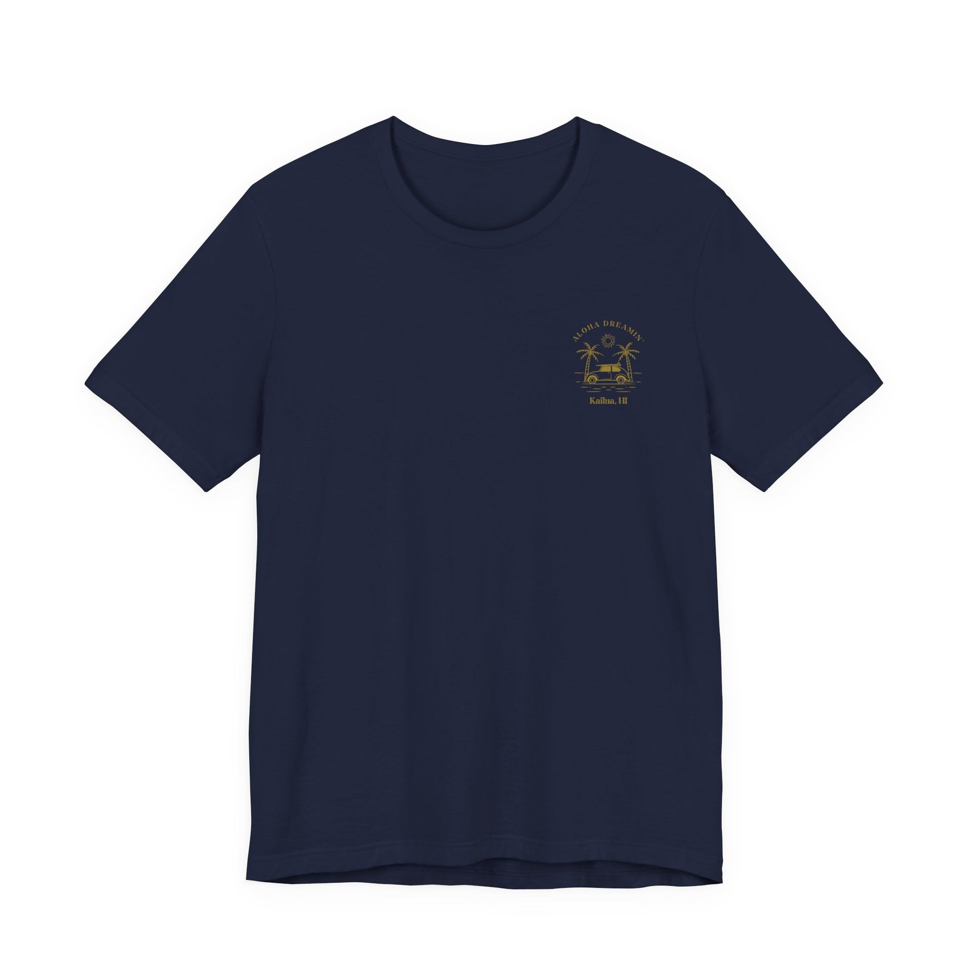 A navy short-sleeve t-shirt shown from the front, featuring a gold-colored retro graphic of a classic car between two palm trees with the text 'ALOHA DREAMIN'' and 'Kailua, HI' on the left chest.