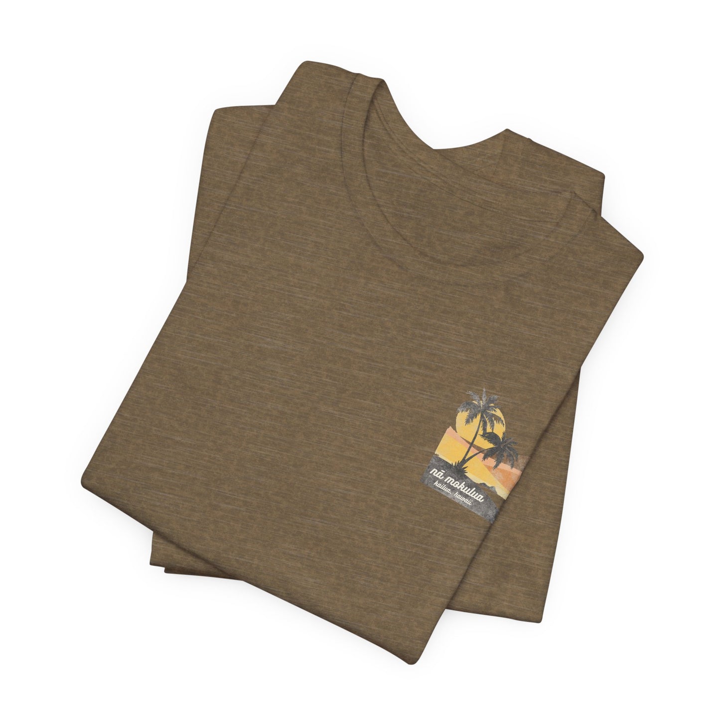 A heather olive short-sleeve t-shirt with a vintage-style graphic on the front left chest depicting two palm trees against a yellow and orange sunset, with the text 'ná makulua' and 'Kailua, Hawaii!' printed below.