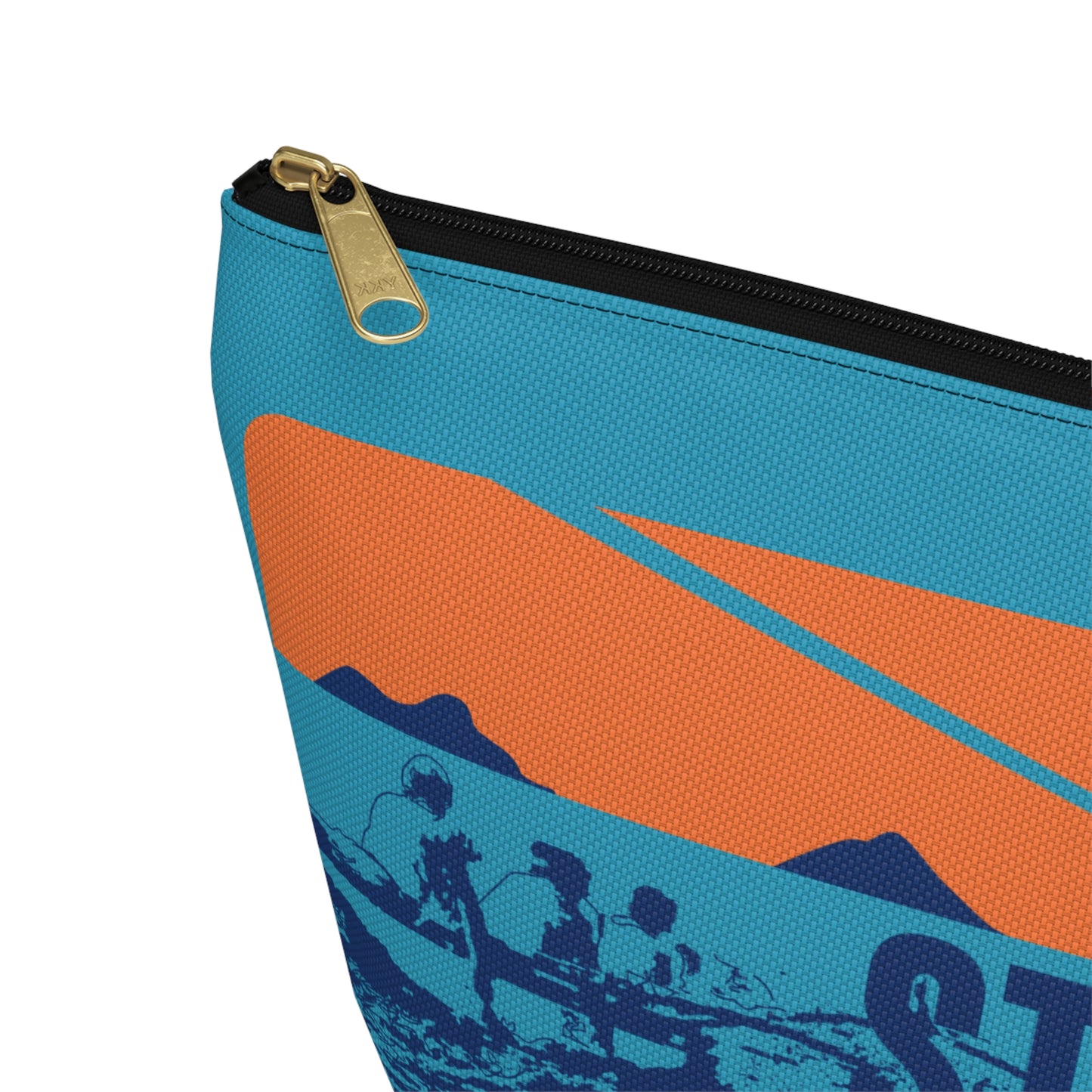 A close-up of a zippered pouch or bag corner showing a blue and orange graphic print with a black zipper and a gold-tone zipper pull on a white background.