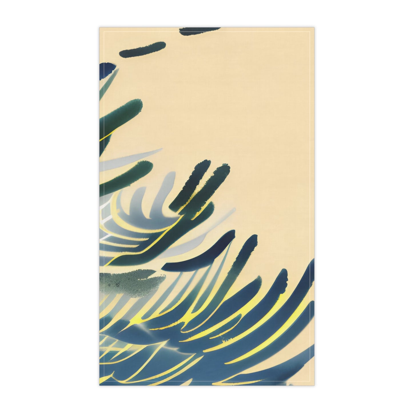 A tea towel featuring an abstract tropical leaf pattern in dark blue, navy, and yellow on a warm beige background, shown against a plain white backdrop.