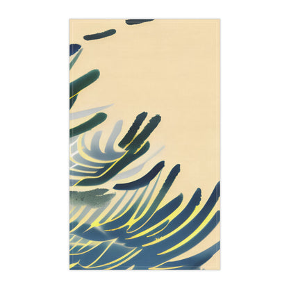 A tea towel featuring an abstract tropical leaf pattern in dark blue, navy, and yellow on a warm beige background, shown against a plain white backdrop.