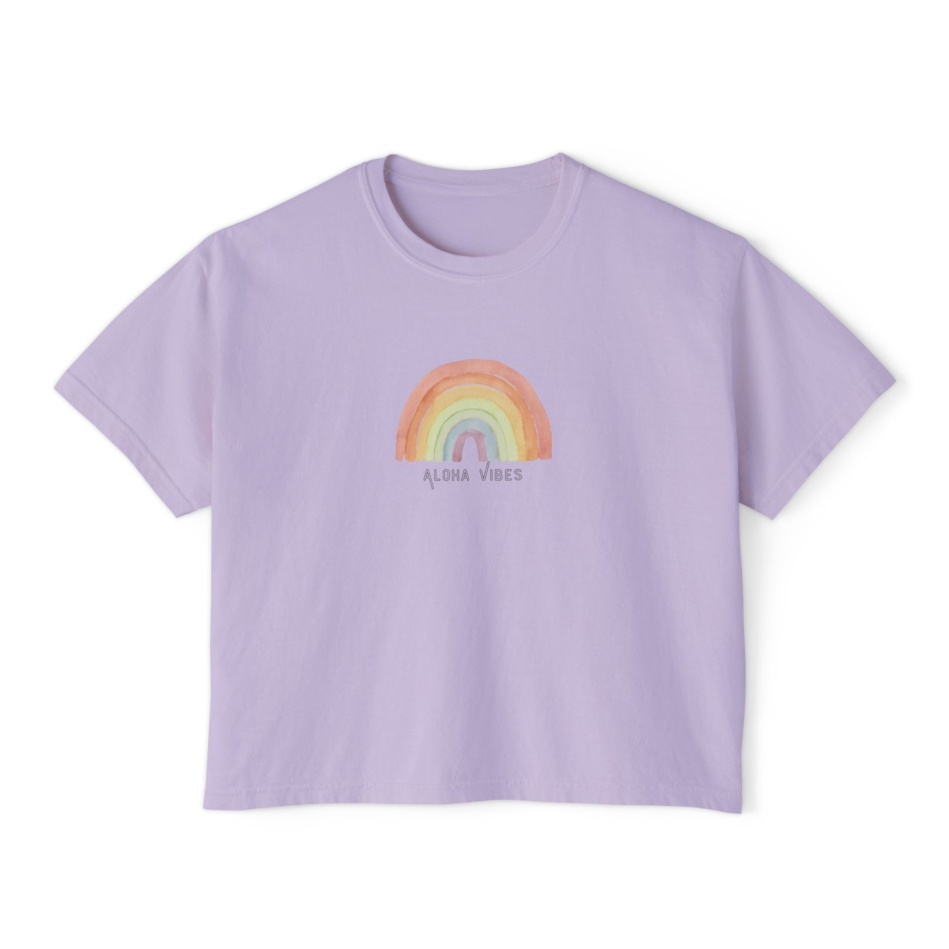 A lavender short-sleeve crop top t-shirt featuring a colorful watercolor-style rainbow graphic on the chest with the text 'ALOHA VIBES' underneath, displayed on a clean white background.