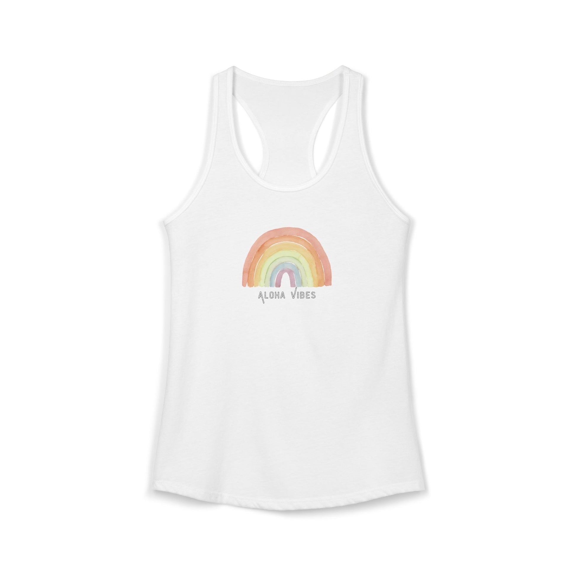 A white racerback tank top featuring a pastel rainbow graphic on the chest with the text 'ALOHA VIBES' underneath, displayed on a clean white background.