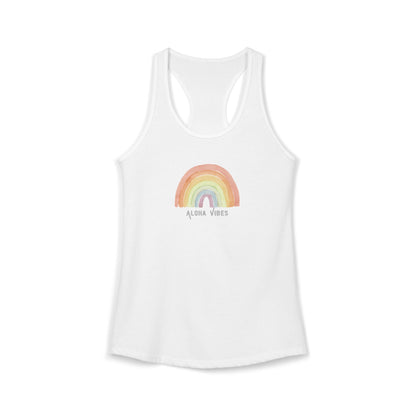 A white racerback tank top featuring a pastel rainbow graphic on the chest with the text 'ALOHA VIBES' underneath, displayed on a clean white background.