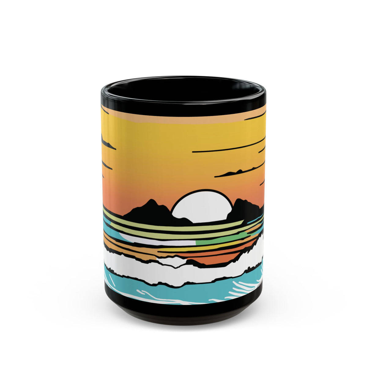 Summer Sunrise black coffee mug with Kaʻōhao Hawaiʻi inspired artwork by Global Village Kailua