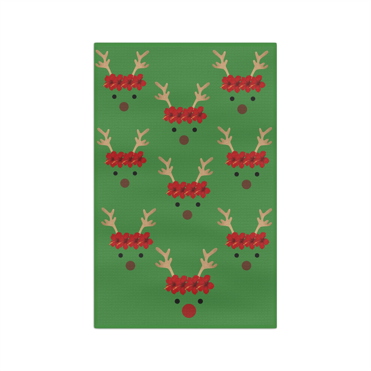 Green Reindeer and Rudolph holiday kitchen towel with red nose design