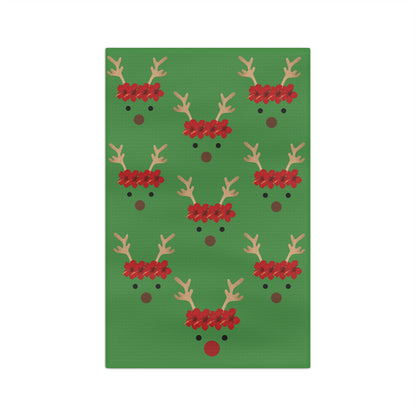 Green Reindeer and Rudolph holiday kitchen towel with red nose design