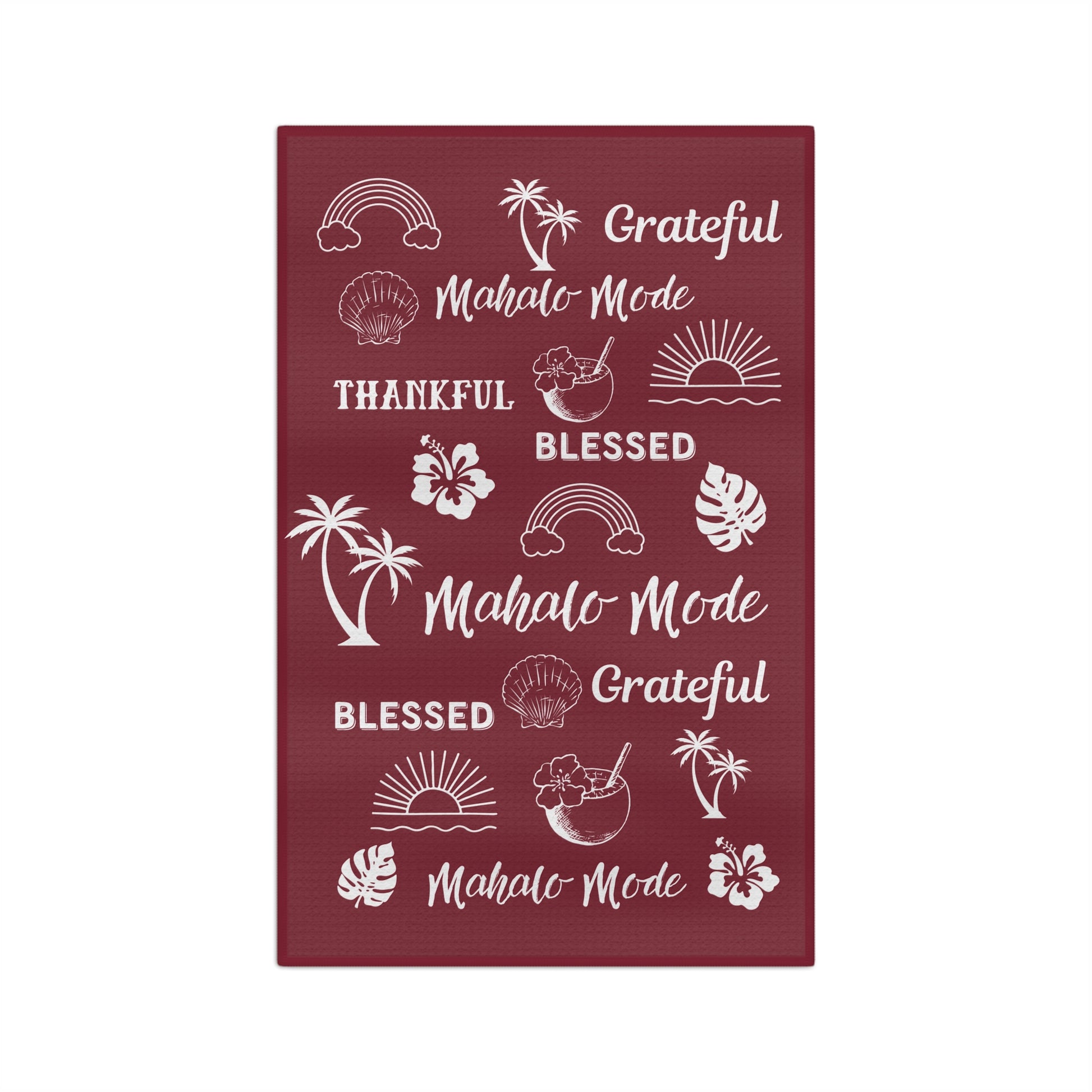Burgundy Mahalo Mode kitchen towel with thankful grateful blessed and tropical island motifs