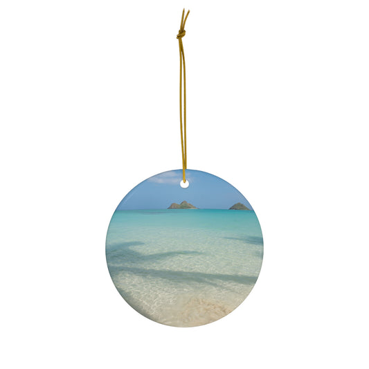 Ceramic ornament featuring turquoise ocean water and a view of the Mokulua Islands off Kailua, Hawaiʻi.