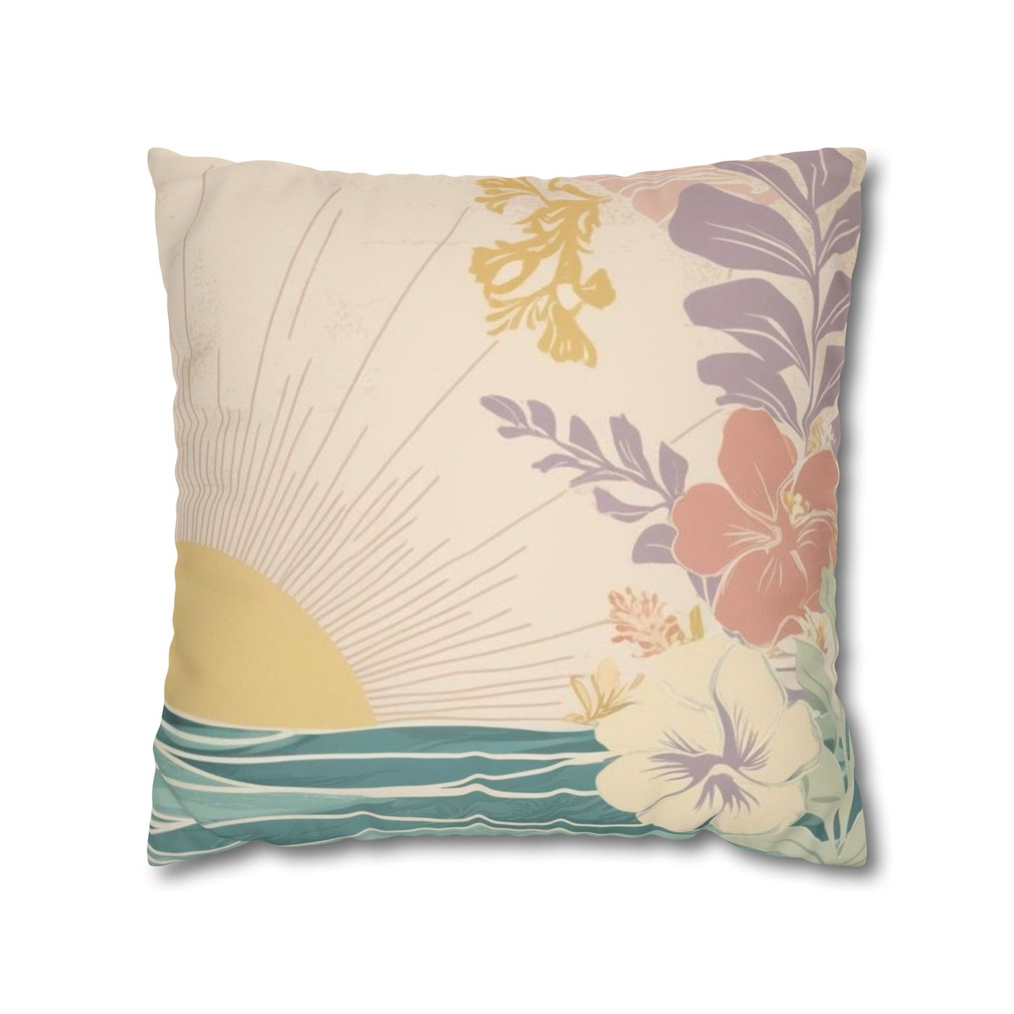 A square decorative throw pillow featuring a retro-style tropical ocean sunset print with hibiscus flowers, on a solid white background.