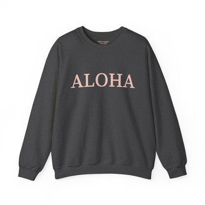 Dark Grey sweatshirt with text 'ALOHA' in light pink