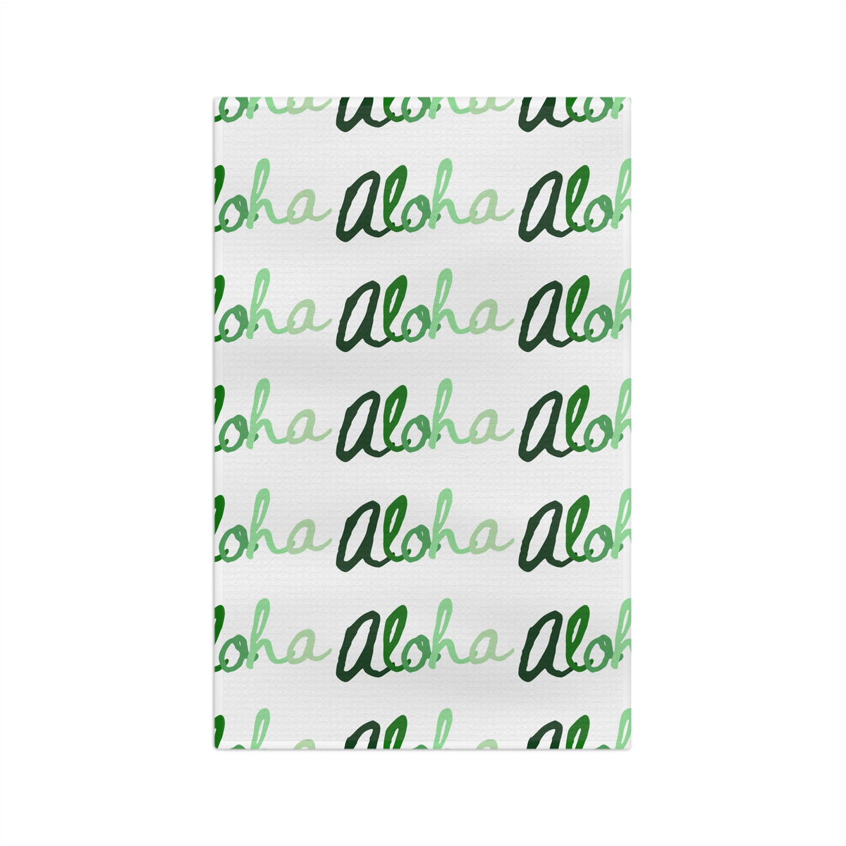 Green Aloha Hawaiʻi kitchen towel with repeating script design in light and dark green on white