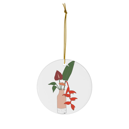 White ceramic ornament with illustrated red anthurium and heliconia flowers, tropical green leaves and modern vase.