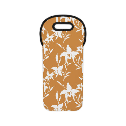 Caramel insulated neoprene wine tote bag with a white tropical orchid print, black trim and built-in carrying handle.
