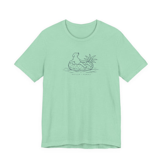 Mint green t-shirt with a graphic design on a white background