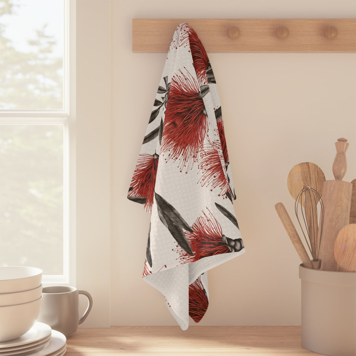 Red ʻŌhiʻa Lehua Kitchen Towel — Hawaiian Floral Sketch
