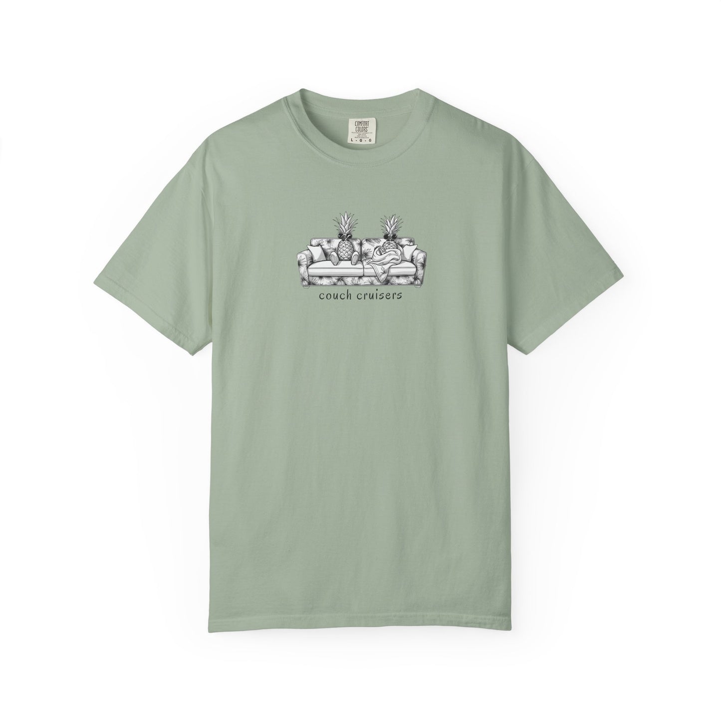 Couch Cruisers graphic Comfort Colors tee in light green with pineapple couch design