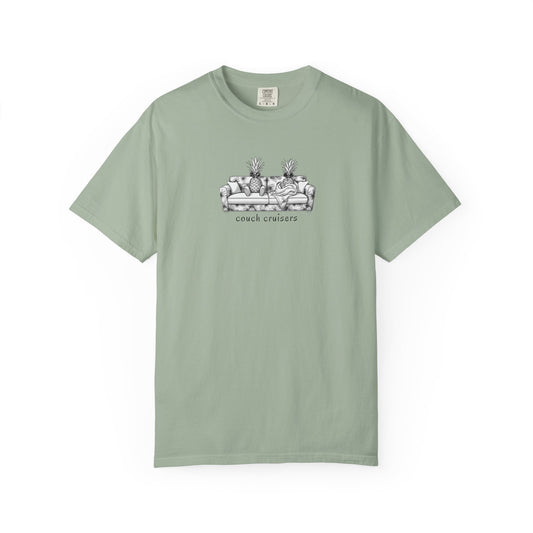Couch Cruisers graphic Comfort Colors tee in light green with pineapple couch design
