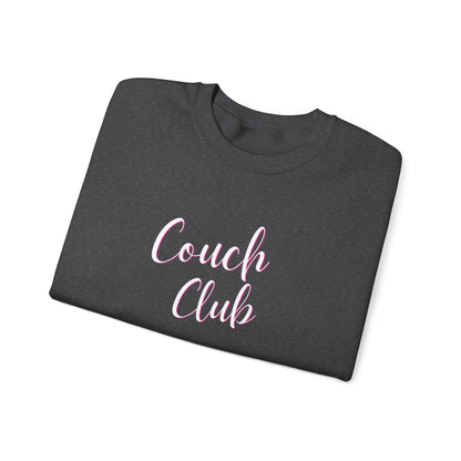 Folded dark gray sweatshirt with a graphic design text 'Couch Club' in script.