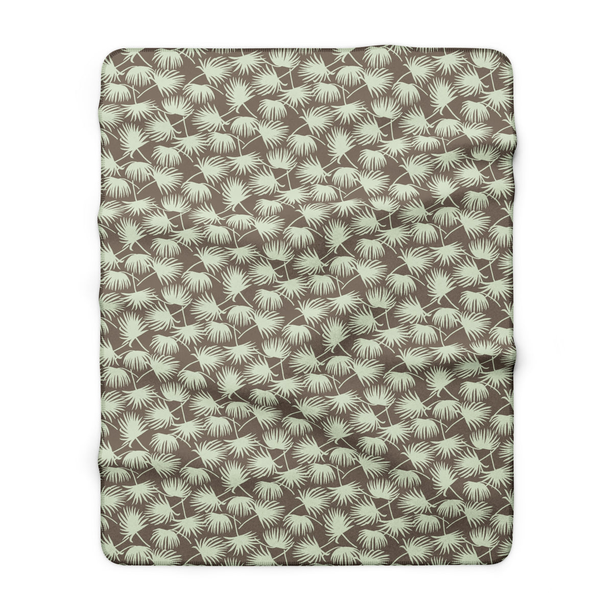 A rectangular throw blanket with a repeating palm frond pattern in sage green on a taupe brown background, shown flat against a white background.