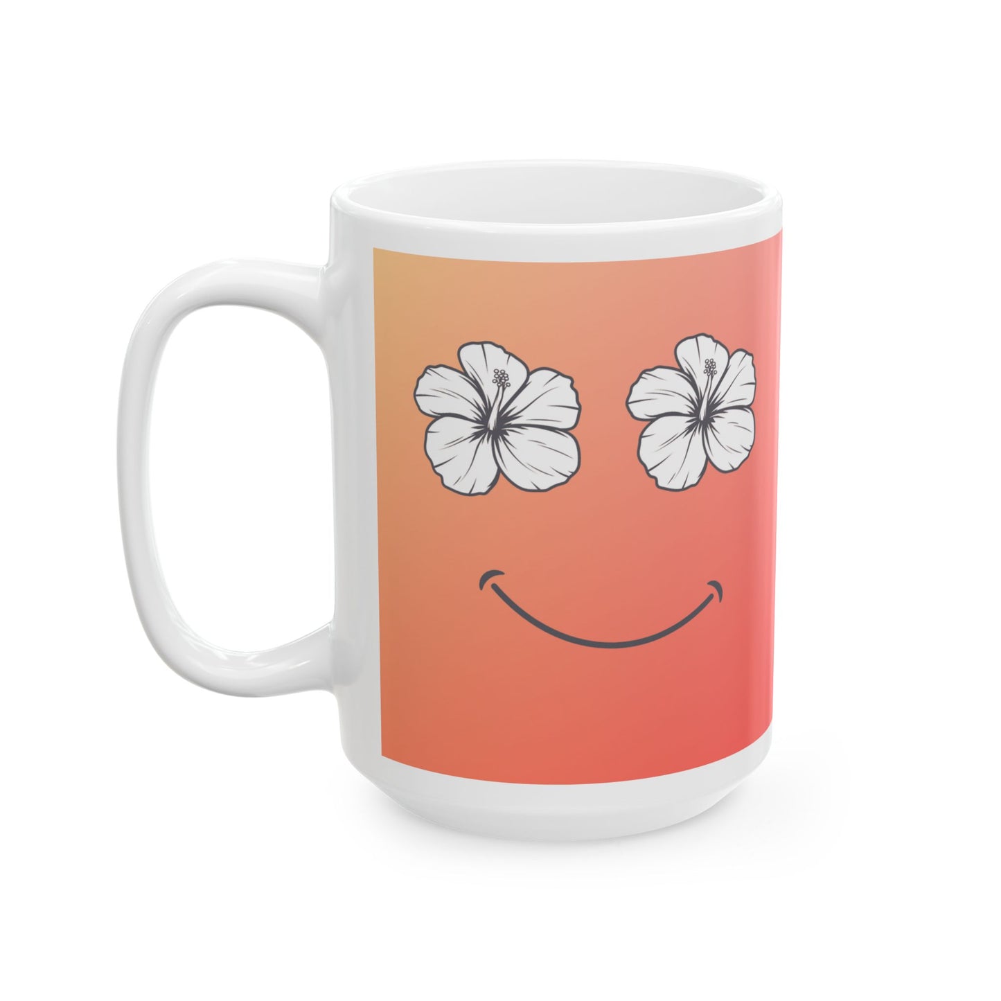 A white ceramic mug featuring a printed design of two white hibiscus flowers serving as eyes and a curved smile on a peach-to-pink gradient background.