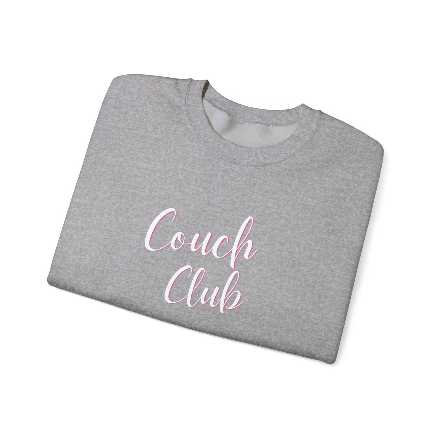 A folded heather gray crewneck sweatshirt with the words 'Couch Club' printed in pink script across the front, shown on a plain white background.