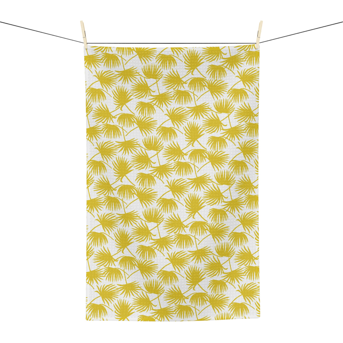 Fan Palm Sunshine kitchen towel with yellow tropical palm print by Global Village Kailua