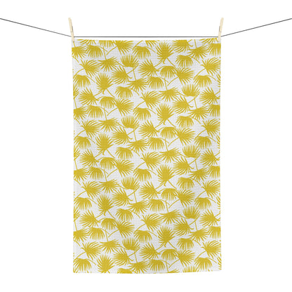 Fan Palm Sunshine kitchen towel with yellow tropical palm print by Global Village Kailua