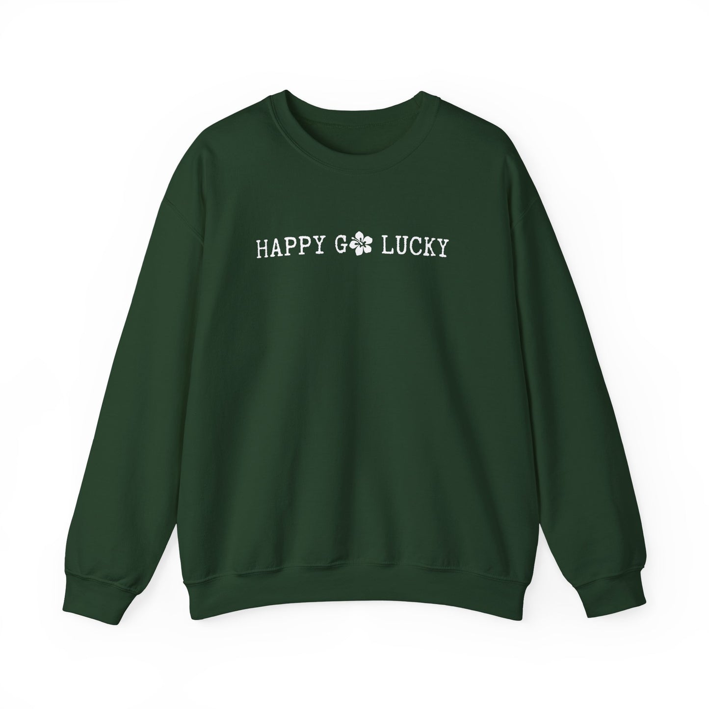 Green sweatshirt with 'HAPPY GO LUCKY' text on a white background