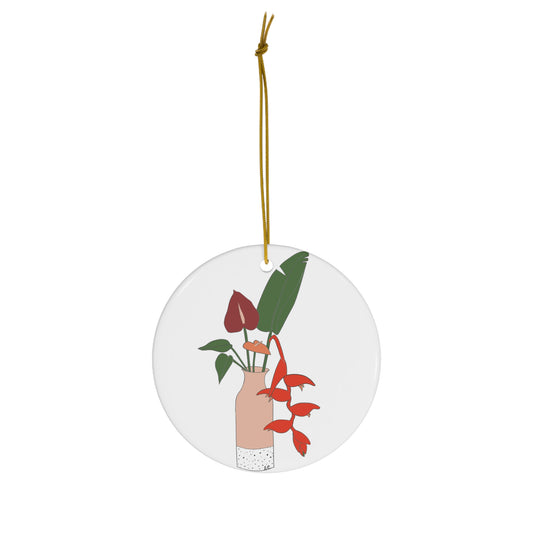 White ceramic ornament with illustrated red anthurium and heliconia flowers, tropical green leaves and modern vase.