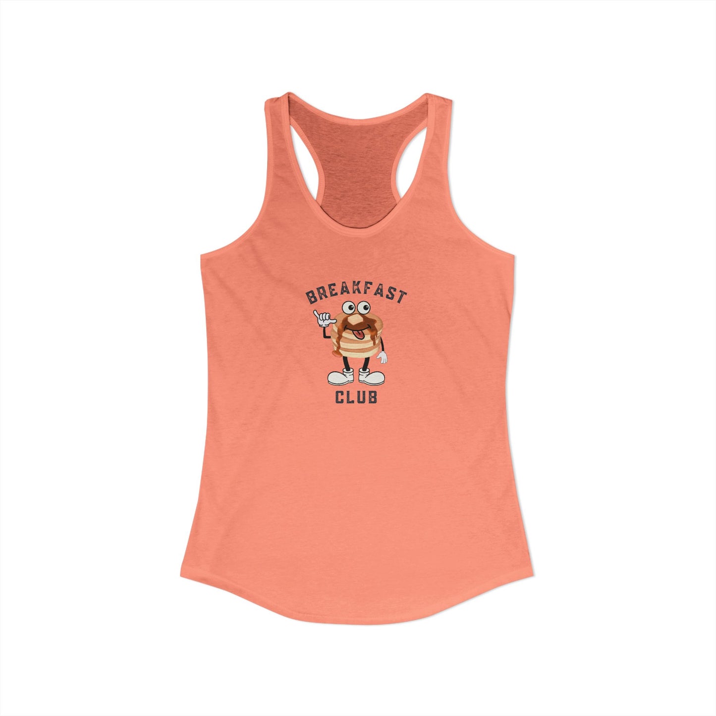 Coral tank top with cartoon pancake short stack image and 'Breakfast Club' text on a white background
