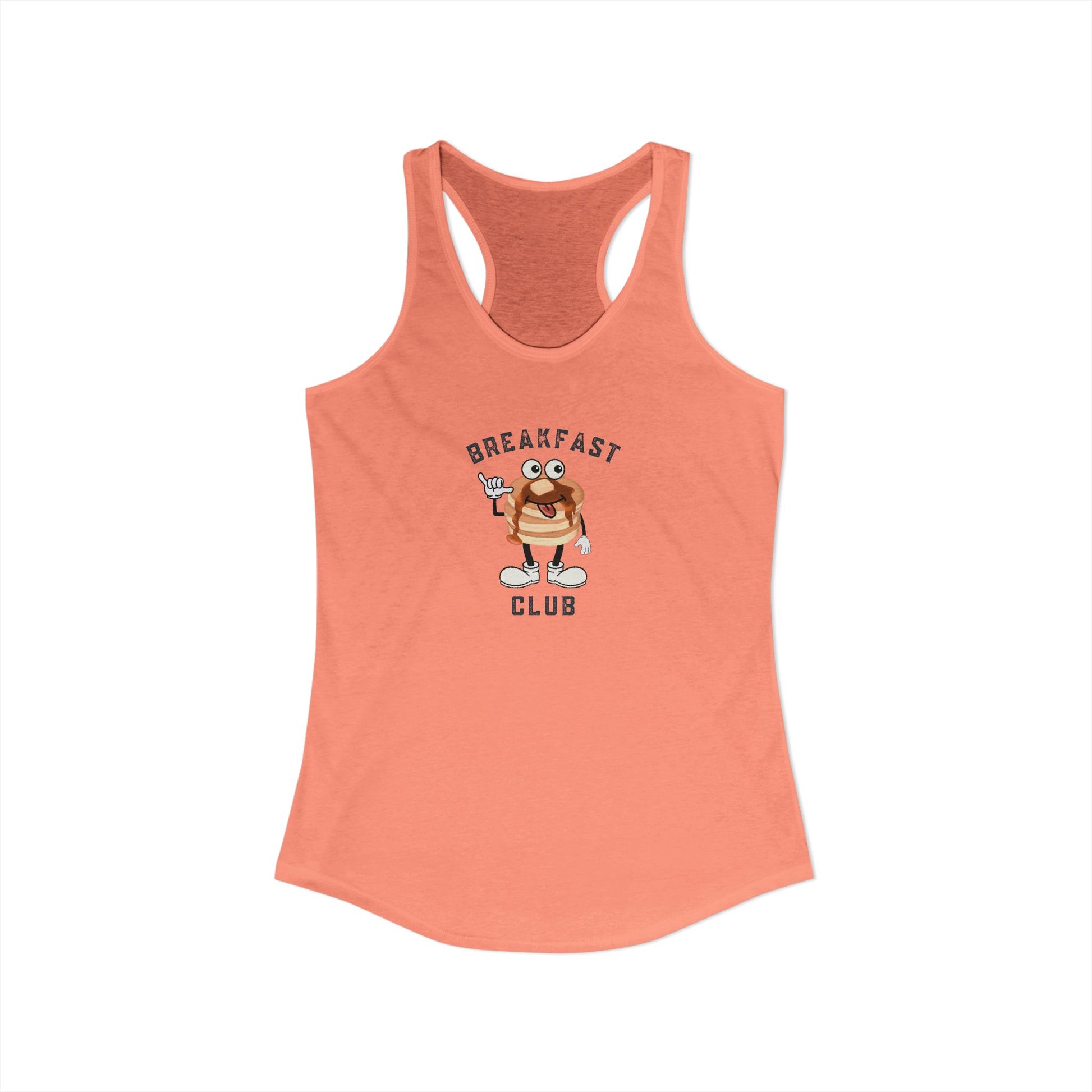 Coral tank top with cartoon pancake short stack image and 'Breakfast Club' text on a white background
