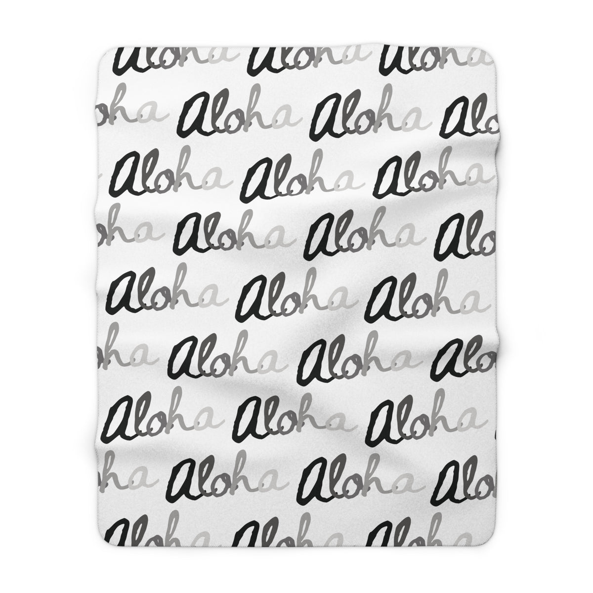 Aloha grayscale sherpa fleece blanket with a repeating black, white and gray island-inspired design.