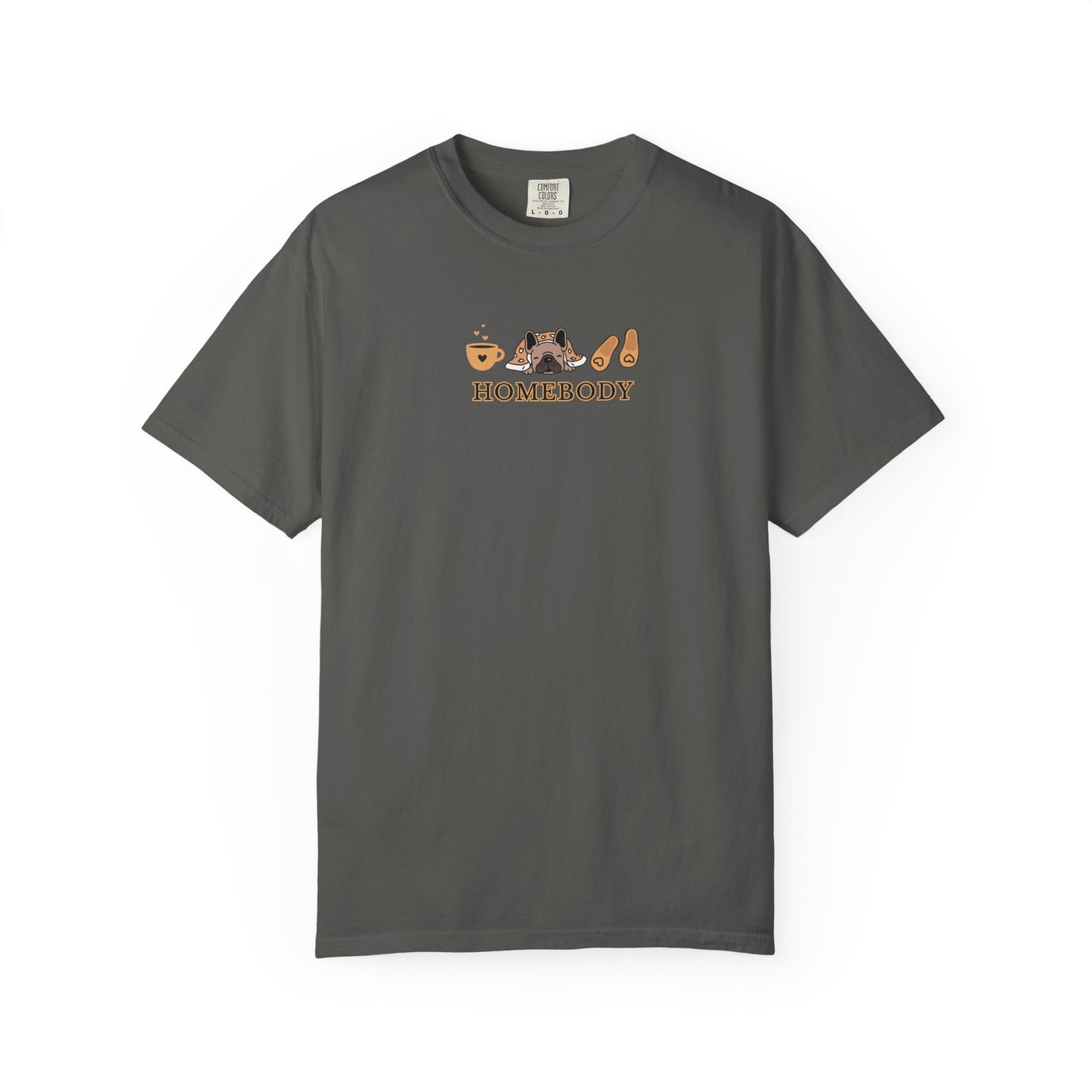 An dark grey short-sleeve crewneck t-shirt with a graphic on the chest depicting a dog under a blanket, a coffee mug, a pair of house slippers, and the word 'HOMEBODY' in brown text.