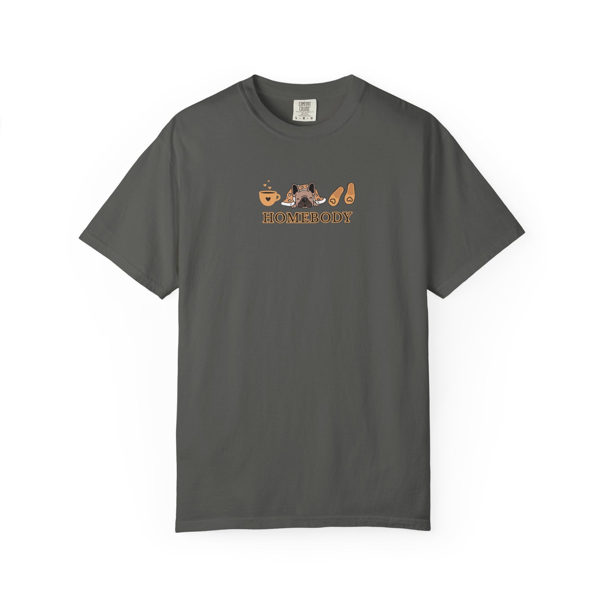 An dark grey short-sleeve crewneck t-shirt with a graphic on the chest depicting a dog under a blanket, a coffee mug, a pair of house slippers, and the word 'HOMEBODY' in brown text.