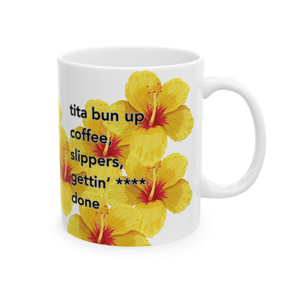 Tita Bun coffee mug with yellow hibiscus design by Global Village Kailua
