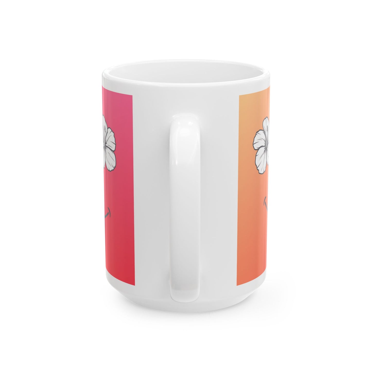 A white ceramic mug with a handle, featuring a wrap-around design with a vertical pink panel on the left and a vertical orange panel on the right, both printed with a white hibiscus flower.