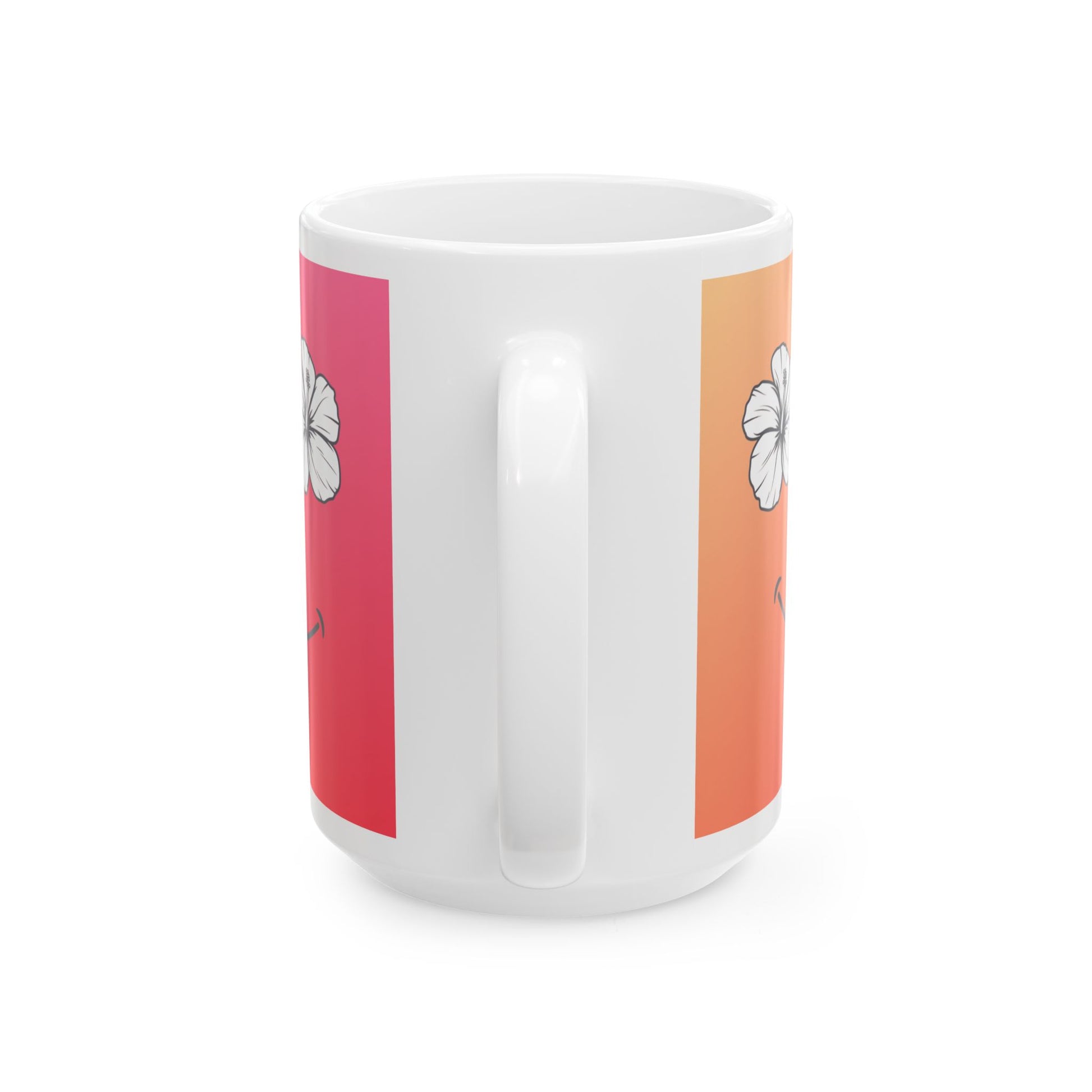 A white ceramic mug with a handle, featuring a wrap-around design with a vertical pink panel on the left and a vertical orange panel on the right, both printed with a white hibiscus flower.