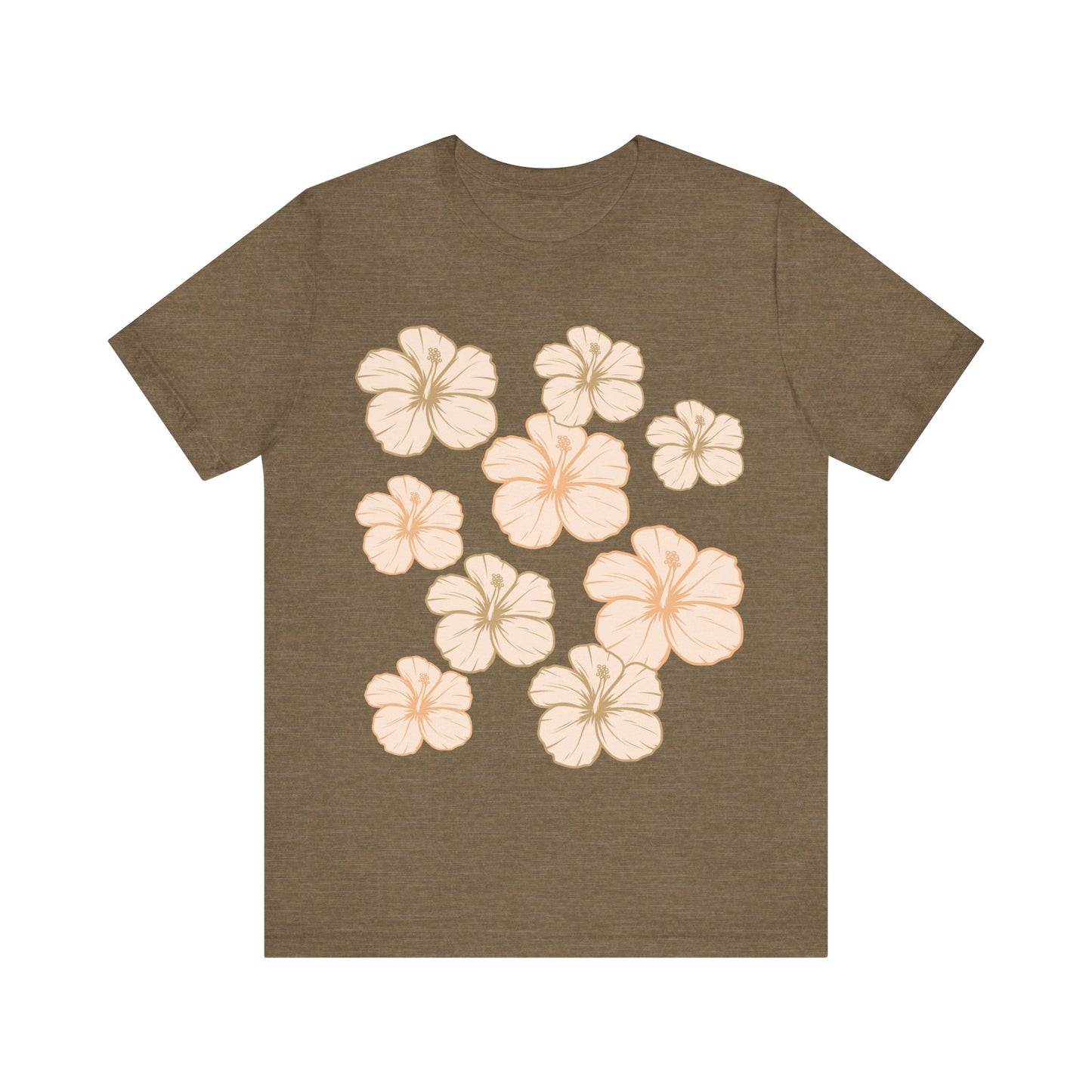 Olive Hibiscus All Over Graphic Tee featuring scattered tropical hibiscus flowers on a soft unisex tee inspired by island life in Hawaii.