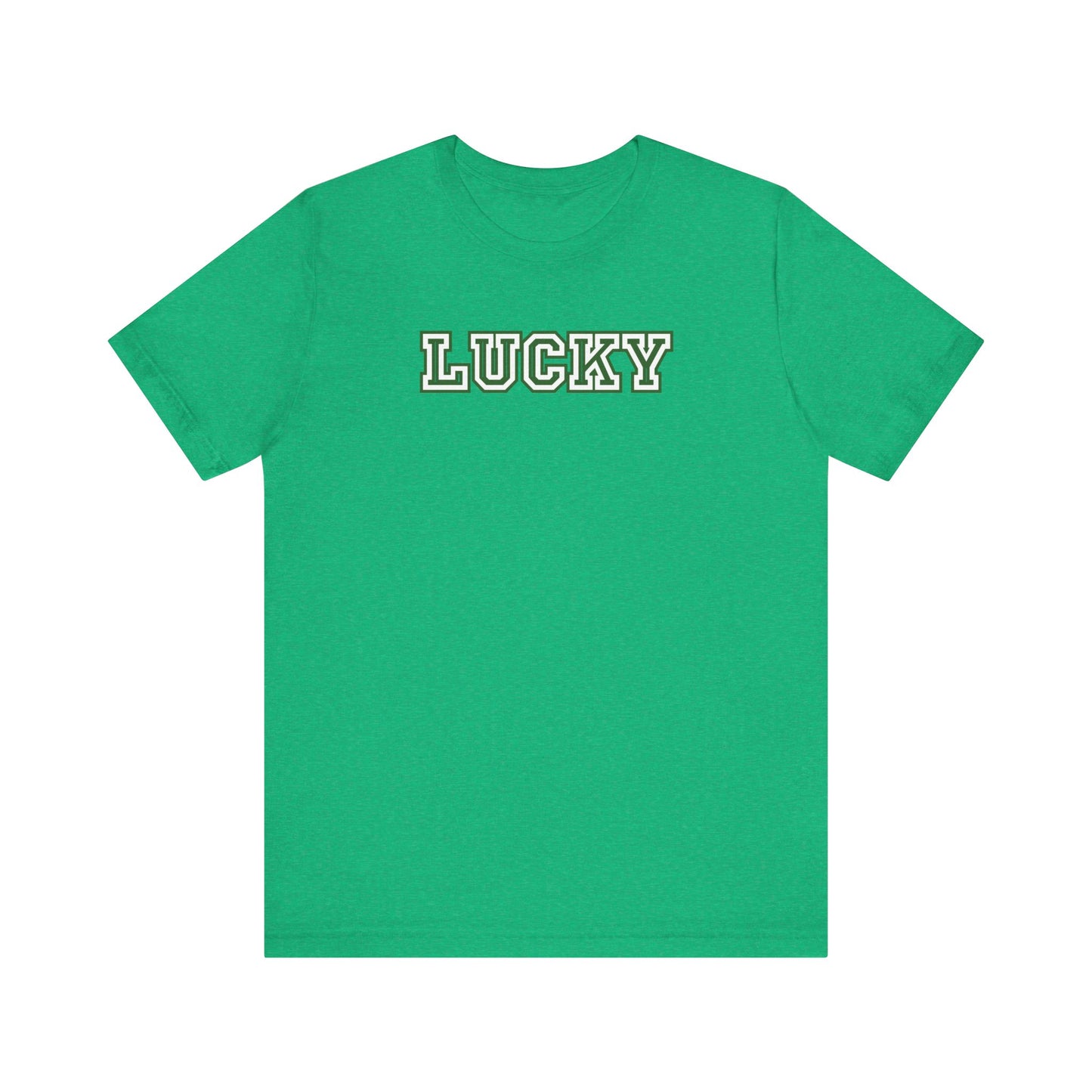 Green t-shirt with 'LUCKY' text on a white background