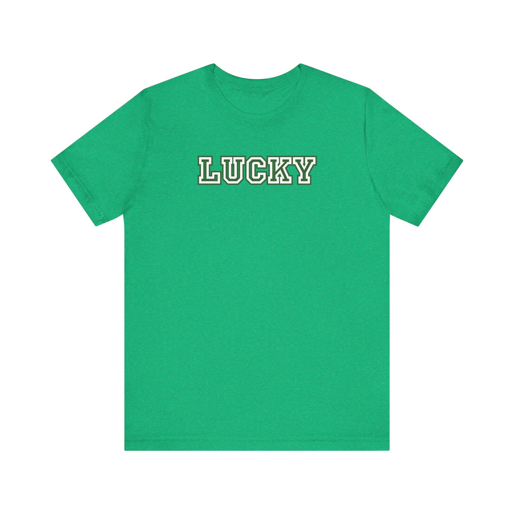 Green t-shirt with 'LUCKY' text on a white background