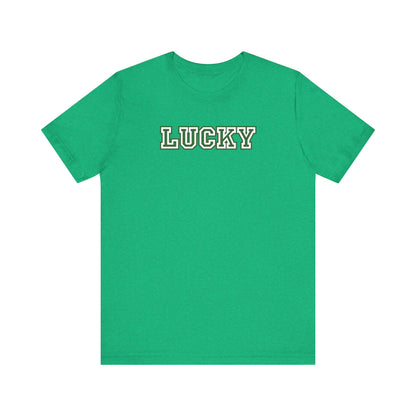 Green t-shirt with 'LUCKY' text on a white background