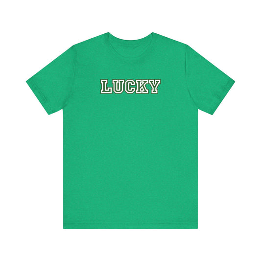Green t-shirt with 'LUCKY' text on a white background