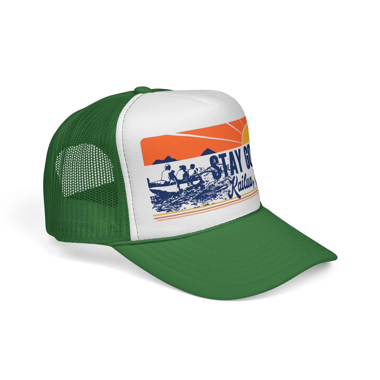 Stay Golden trucker hat featuring an original Hawaii-inspired design inspired by the Kaʻōhao sunrise and canoe paddlers by Global Village Kailua. Side View
