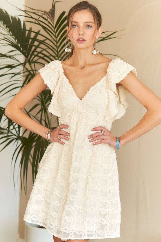 Ivory Tie Back V-Neck Ruffle Sleeve Dress