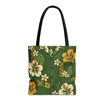 A green Hawaiian-style tote bag with a floral print featuring yellow and white hibiscus flowers, green leaves, and brown buttons, complete with black shoulder straps, shown against a plain white background.