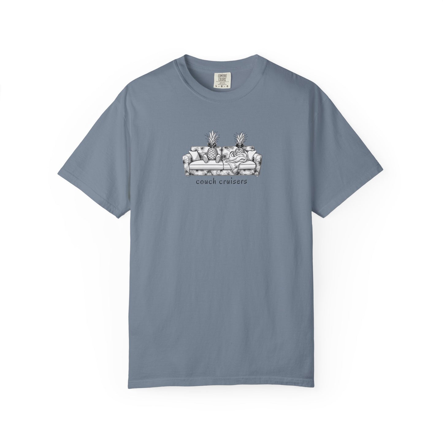 Couch Cruisers graphic Comfort Colors tee in blue with pineapple couch design