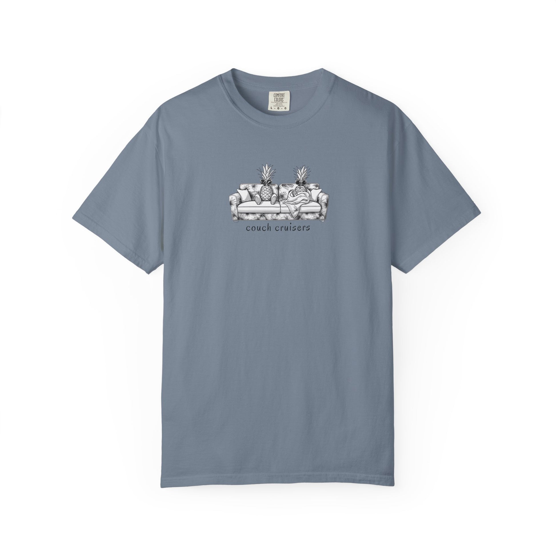 Couch Cruisers graphic Comfort Colors tee in blue with pineapple couch design